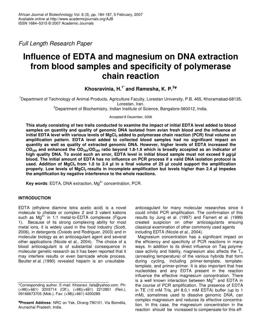 Influence of EDTA and Magnesium on DNA Extraction from Blood Samples and Specificity of Polymerase Chain Reaction
