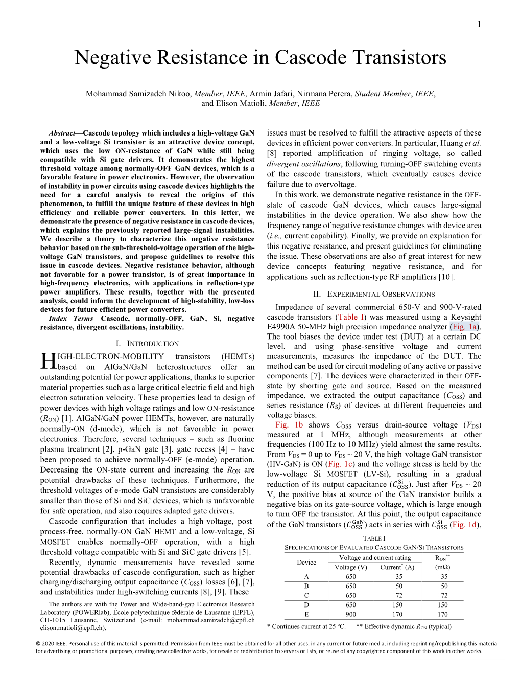 Negative Resistance in Cascode Transistors