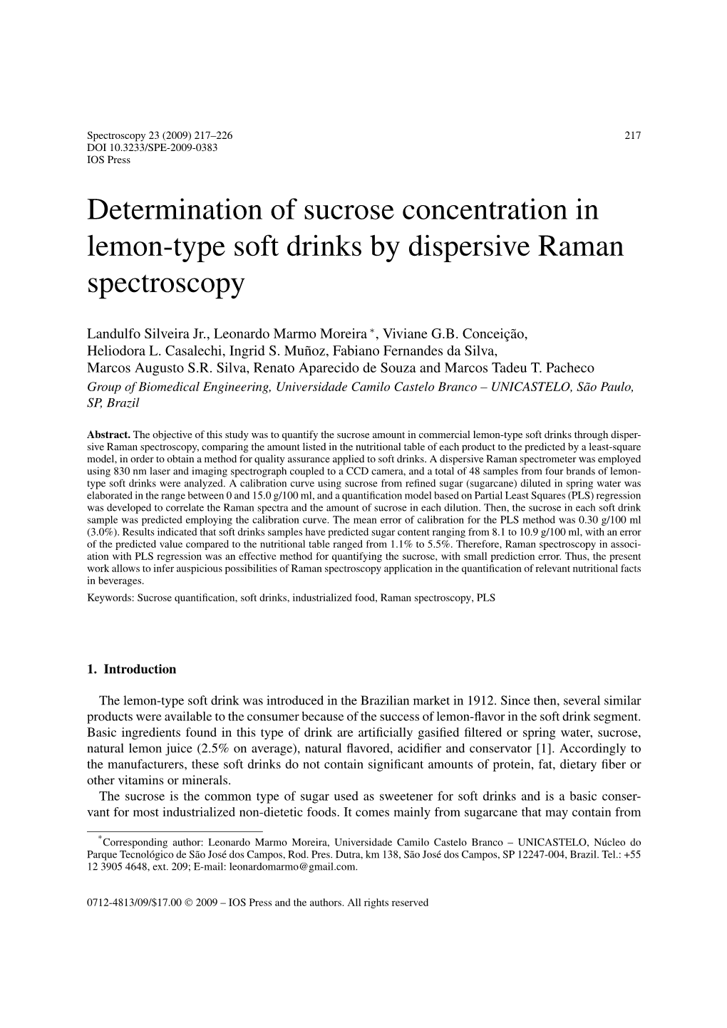 Determination of Sucrose Concentration in Lemon-Type Soft Drinks by Dispersive Raman Spectroscopy