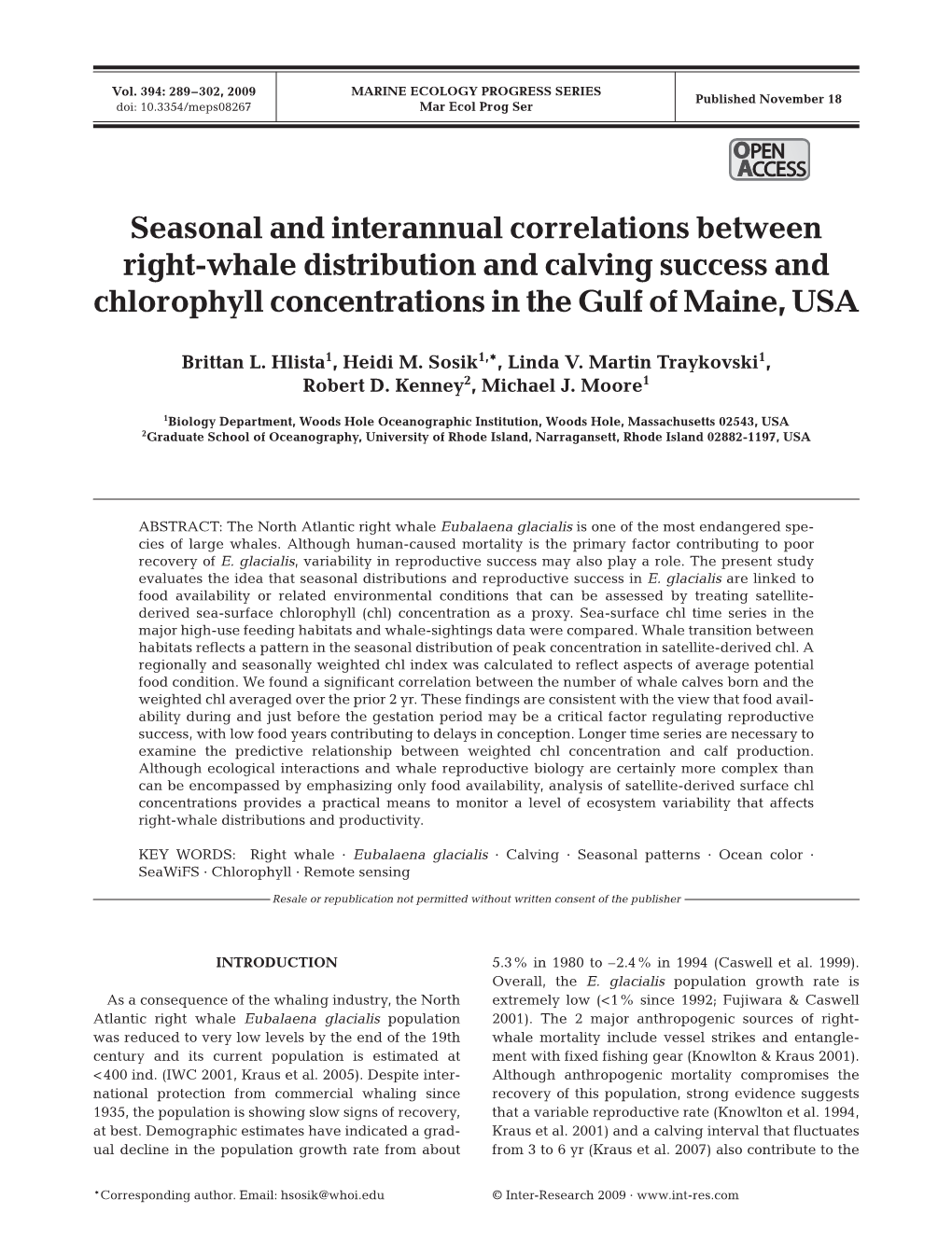 Seasonal and Interannual Correlations Between Right-Whale Distribution and Calving Success and Chlorophyll Concentrations in the Gulf of Maine, USA