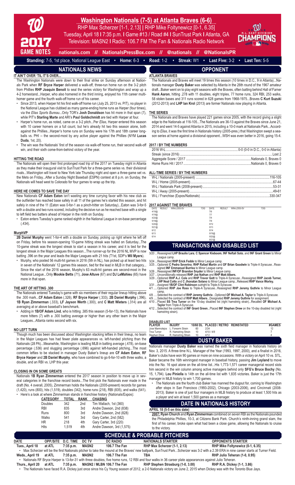 Washington Nationals (7-5) at Atlanta Braves (6-6) RHP Max Scherzer [1-1, 2.13] | RHP Mike Foltynewicz [0-1, 6.35] Tuesday, April 18 L 7:35 P.M