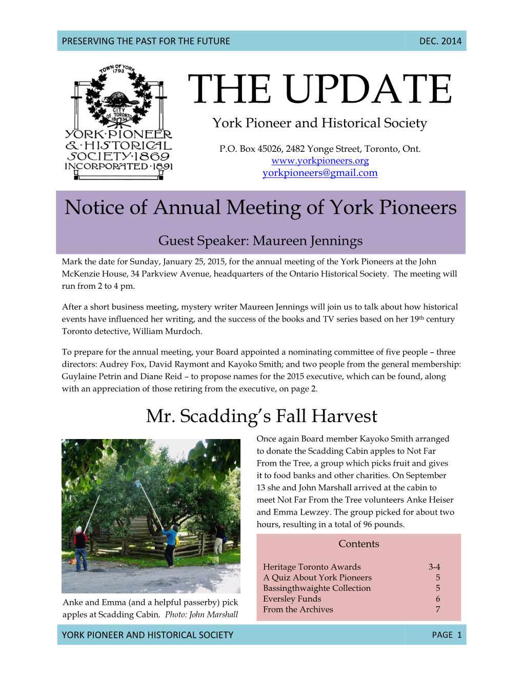 THE UPDATE York Pioneer and Historical Society