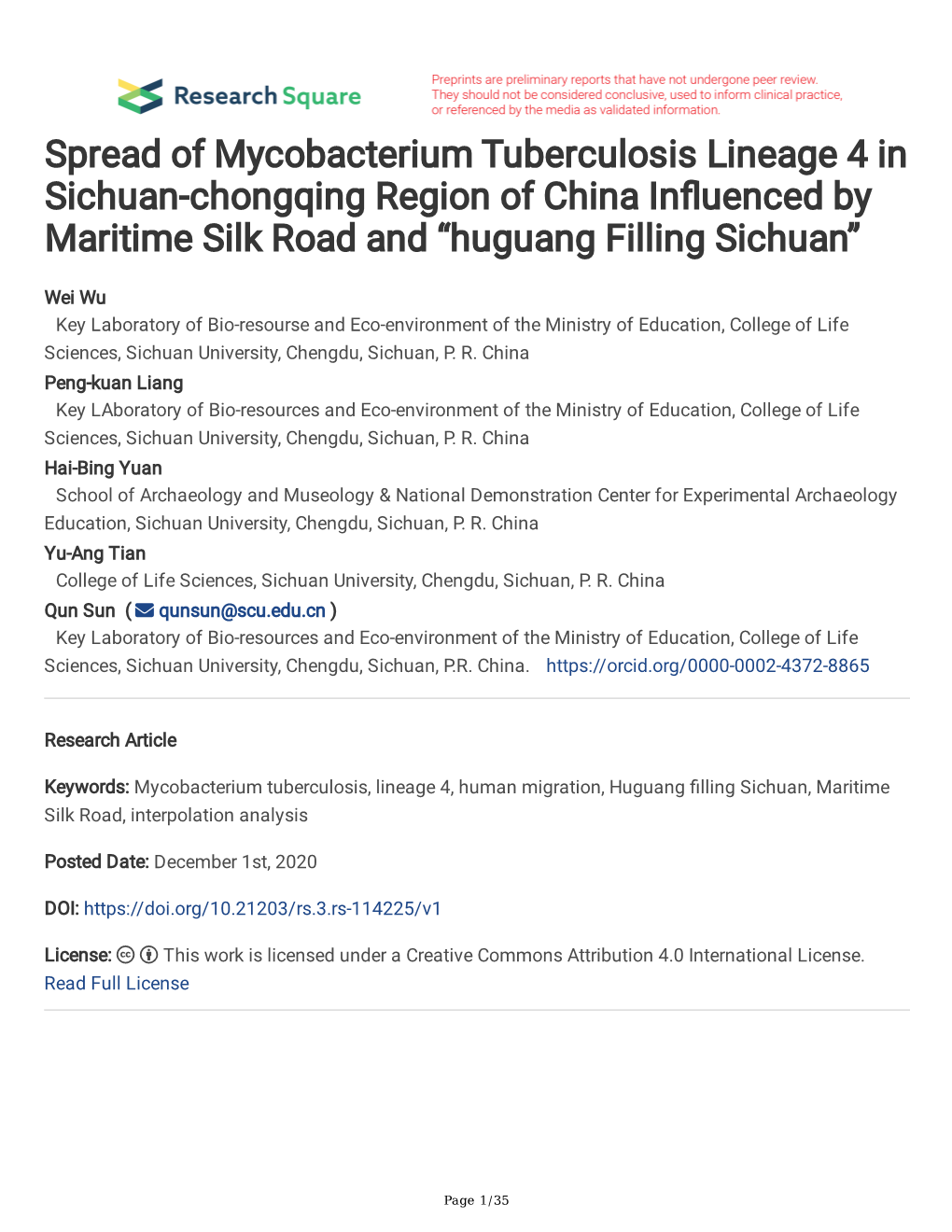 Spread of Mycobacterium Tuberculosis Lineage 4 in Sichuan-Chongqing Region of China Infuenced by Maritime Silk Road and “Huguang Filling Sichuan”