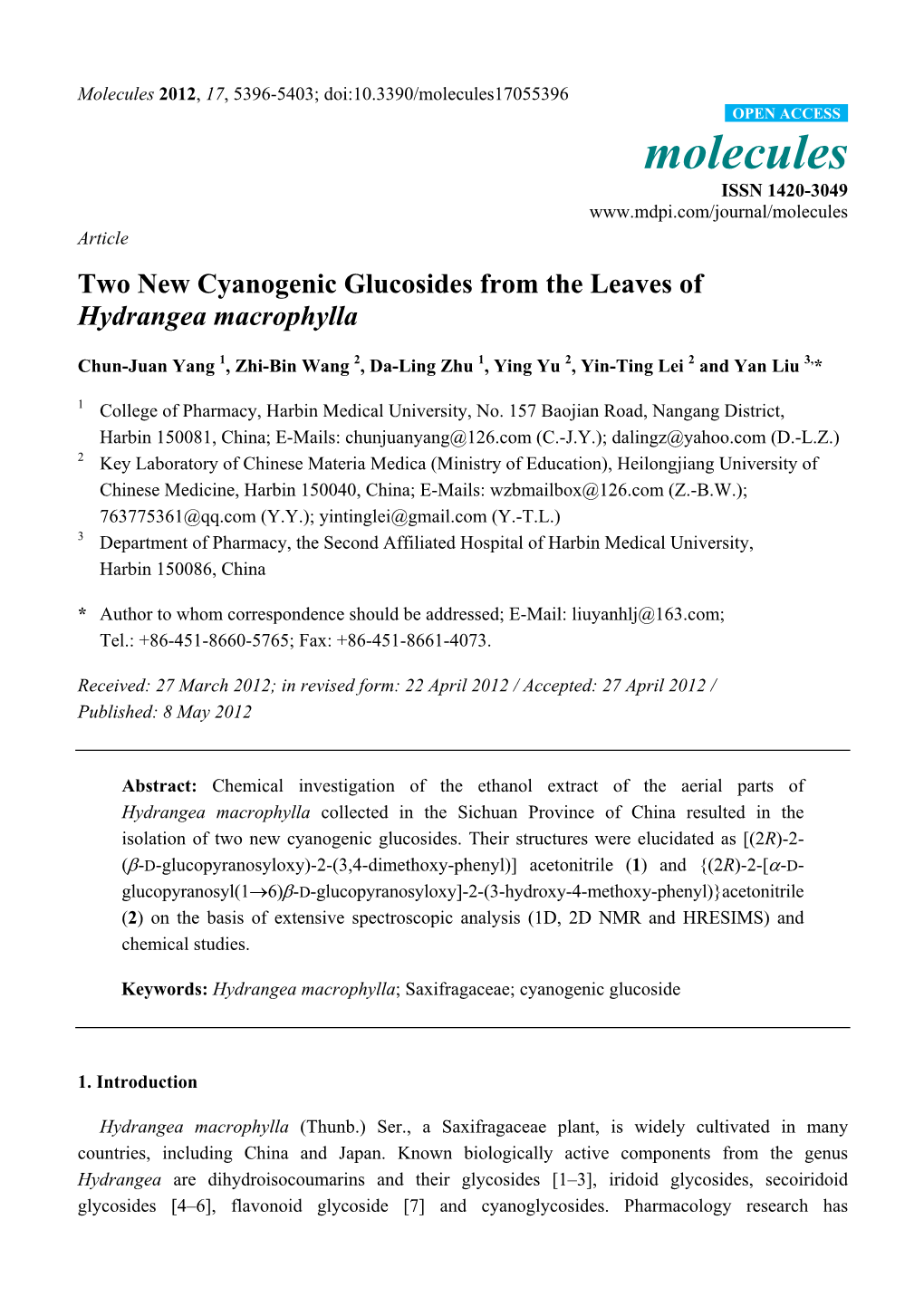 Two New Cyanogenic Glucosides from the Leaves of Hydrangea Macrophylla