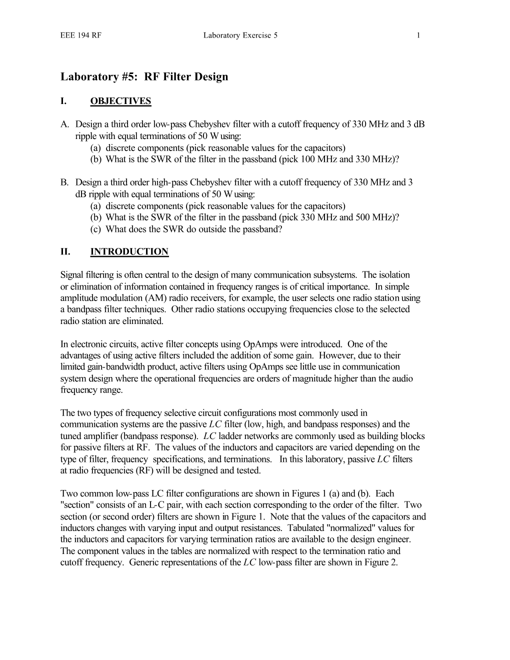 Laboratory #5: RF Filter Design