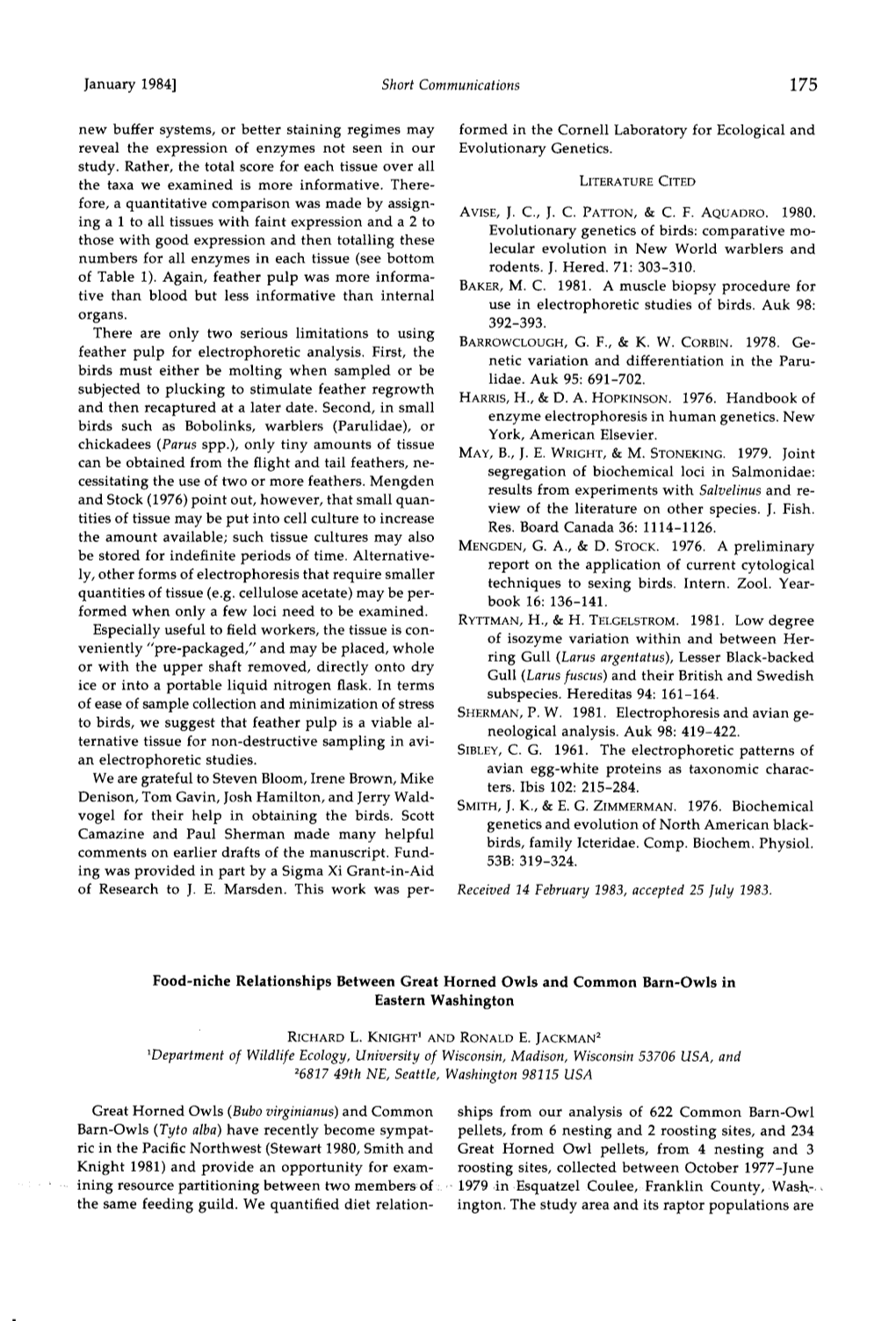 Food-Niche Relationships Between Great Horned Owls and Common