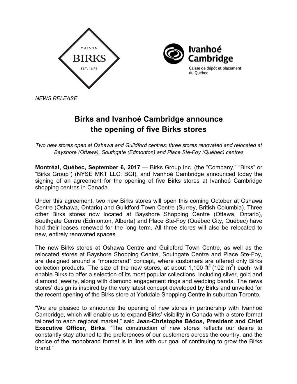 Birks and Ivanhoé Cambridge Announce the Opening of Five Birks Stores