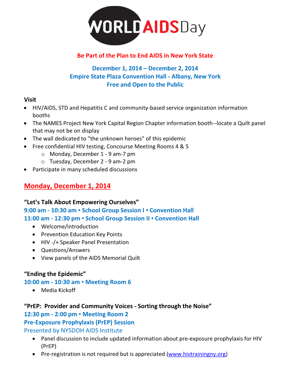 World AIDS Day 2014 Schedule of Events