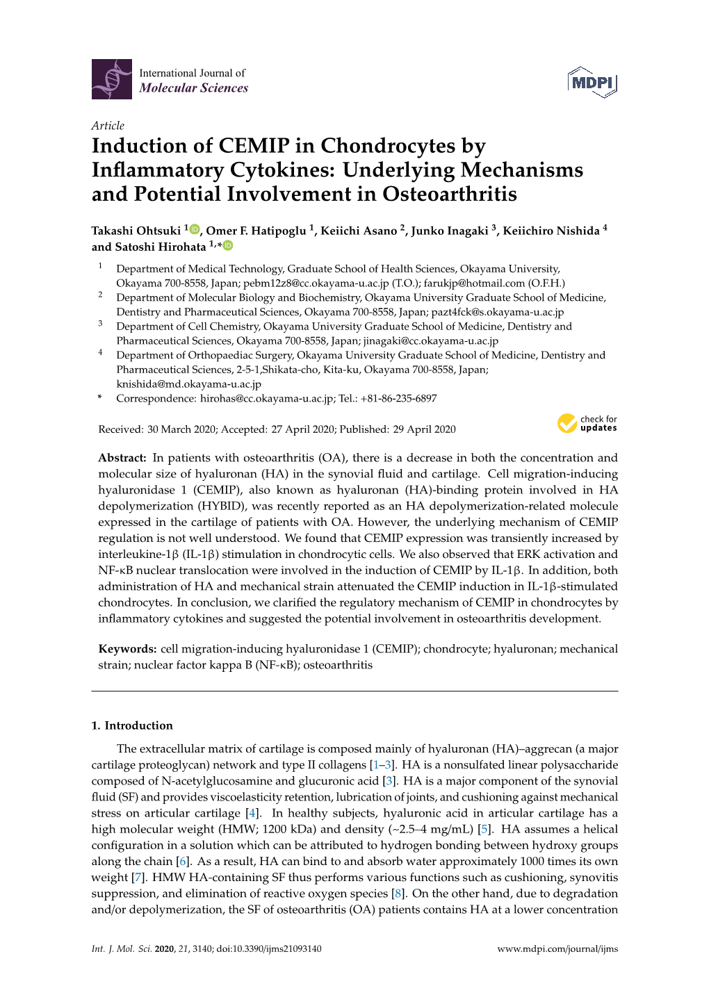 Induction of CEMIP in Chondrocytes by Inflammatory Cytokines: Underlying Mechanisms and Potential Involvement in Osteoarthritis