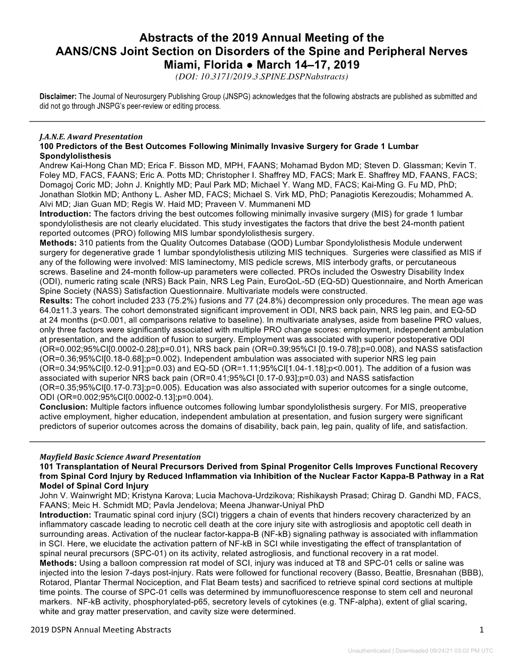 Abstracts of the 2019 Annual Meeting of the AANS/CNS Joint Section on Disorders of the Spine and Peripheral Nerves