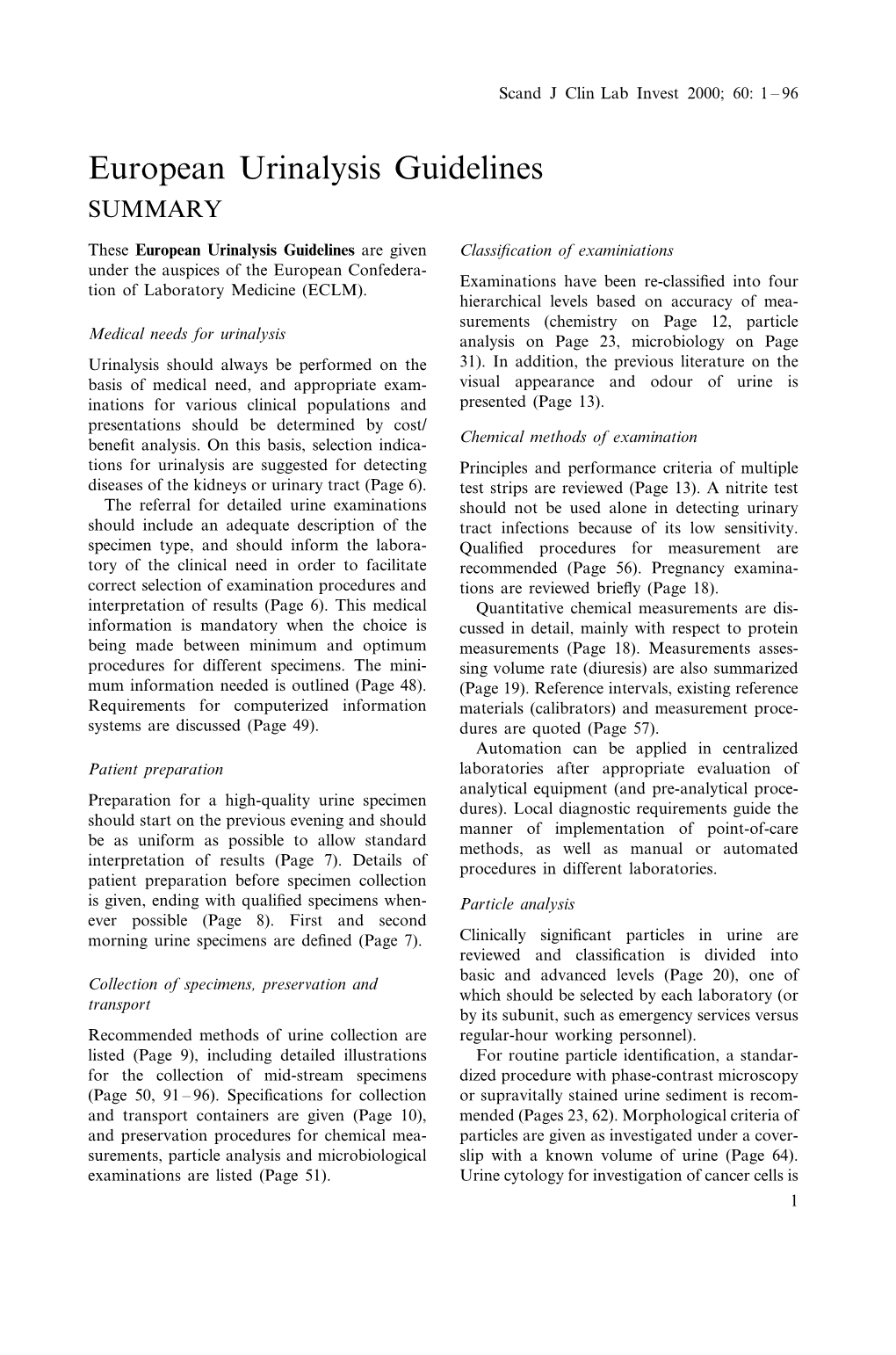 European Urinalysis Guidelines SUMMARY