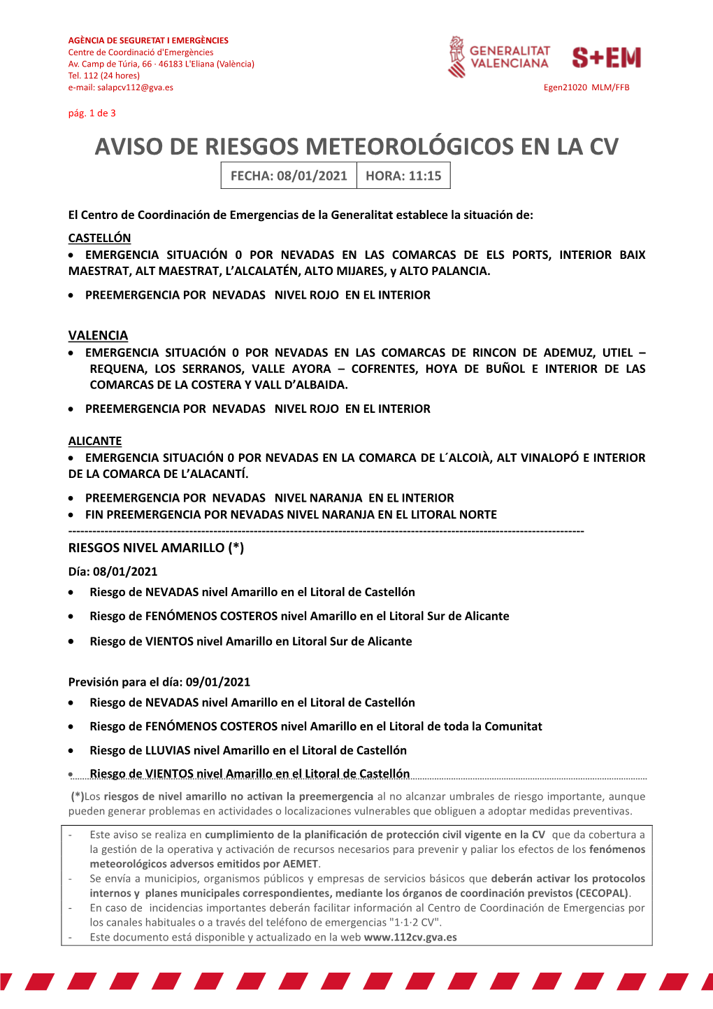 Aviso De Riesgos Meteorológicos En La Cv Fecha: 08/01/2021 Hora: 11:15