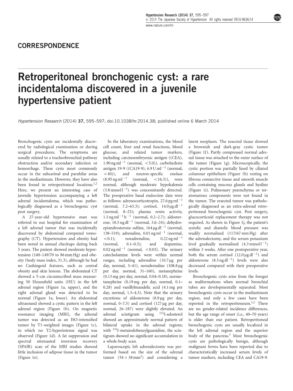 Retroperitoneal Bronchogenic Cyst: a Rare Incidentaloma Discovered in a Juvenile Hypertensive Patient