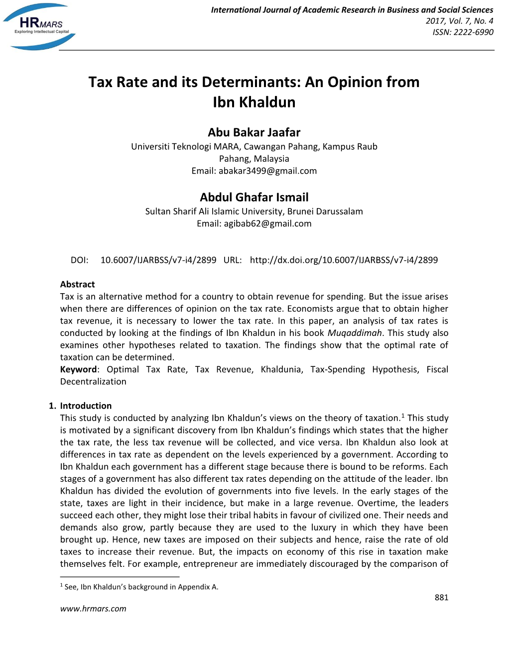 Tax Rate and Its Determinants: an Opinion from Ibn Khaldun