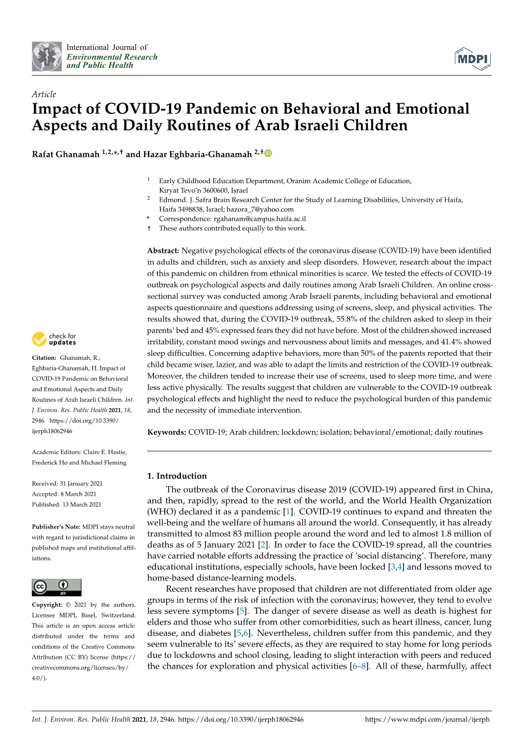 Impact of COVID-19 Pandemic on Behavioral and Emotional Aspects and Daily Routines of Arab Israeli Children