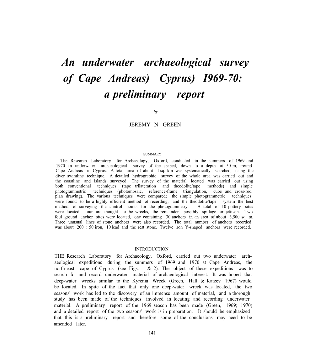 An Underwater Archaeological Survey of Cape Andreas) Cyprus) I969-70: a Preliminary Report