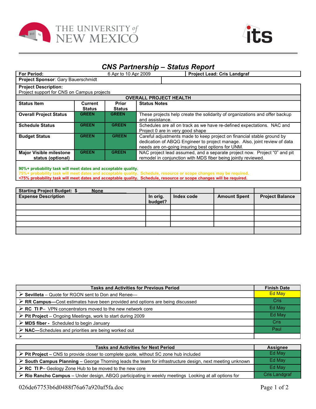 ITS Status Report Template s2