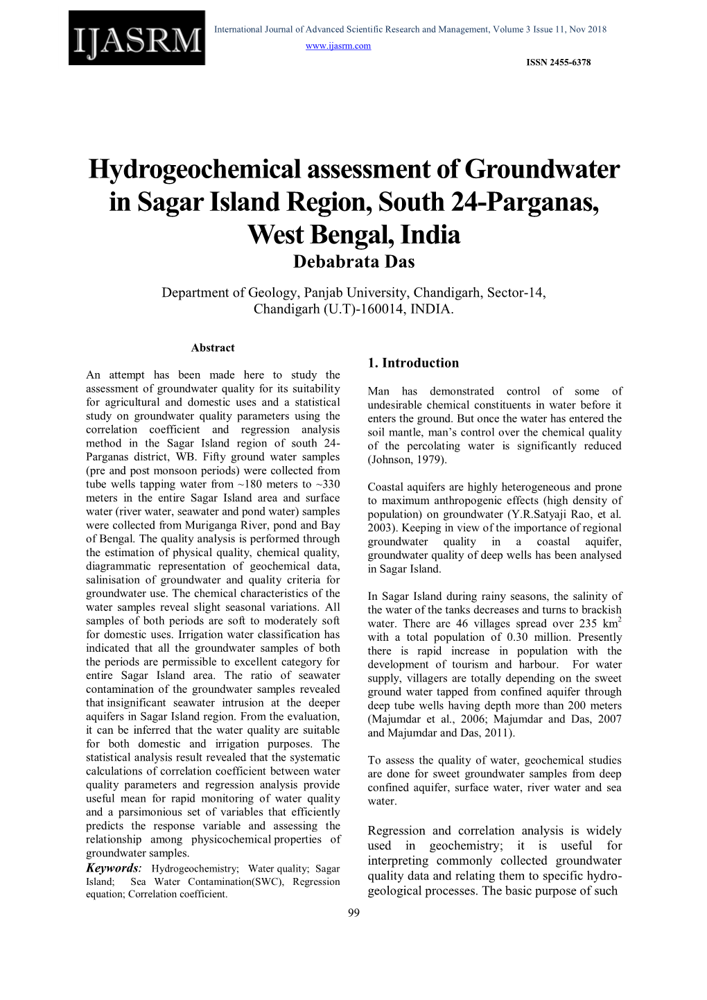 Hydrogeochemical Assessment of Groundwater in Sagar Island Region, South 24-Parganas, West Bengal, India Debabrata Das