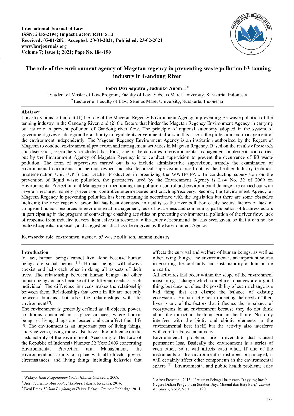 The Role of the Environment Agency of Magetan Regency in Preventing Waste Pollution B3 Tanning Industry in Gandong River