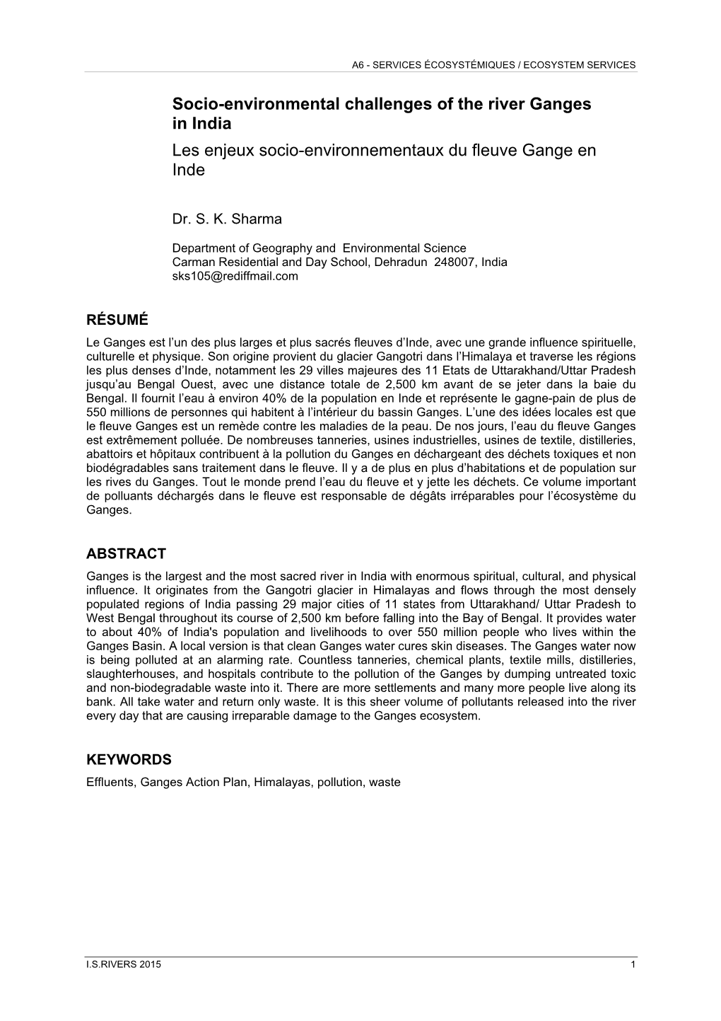 Socio-Environmental Challenges of the River Ganges in India Les Enjeux Socio-Environnementaux Du Fleuve Gange En Inde