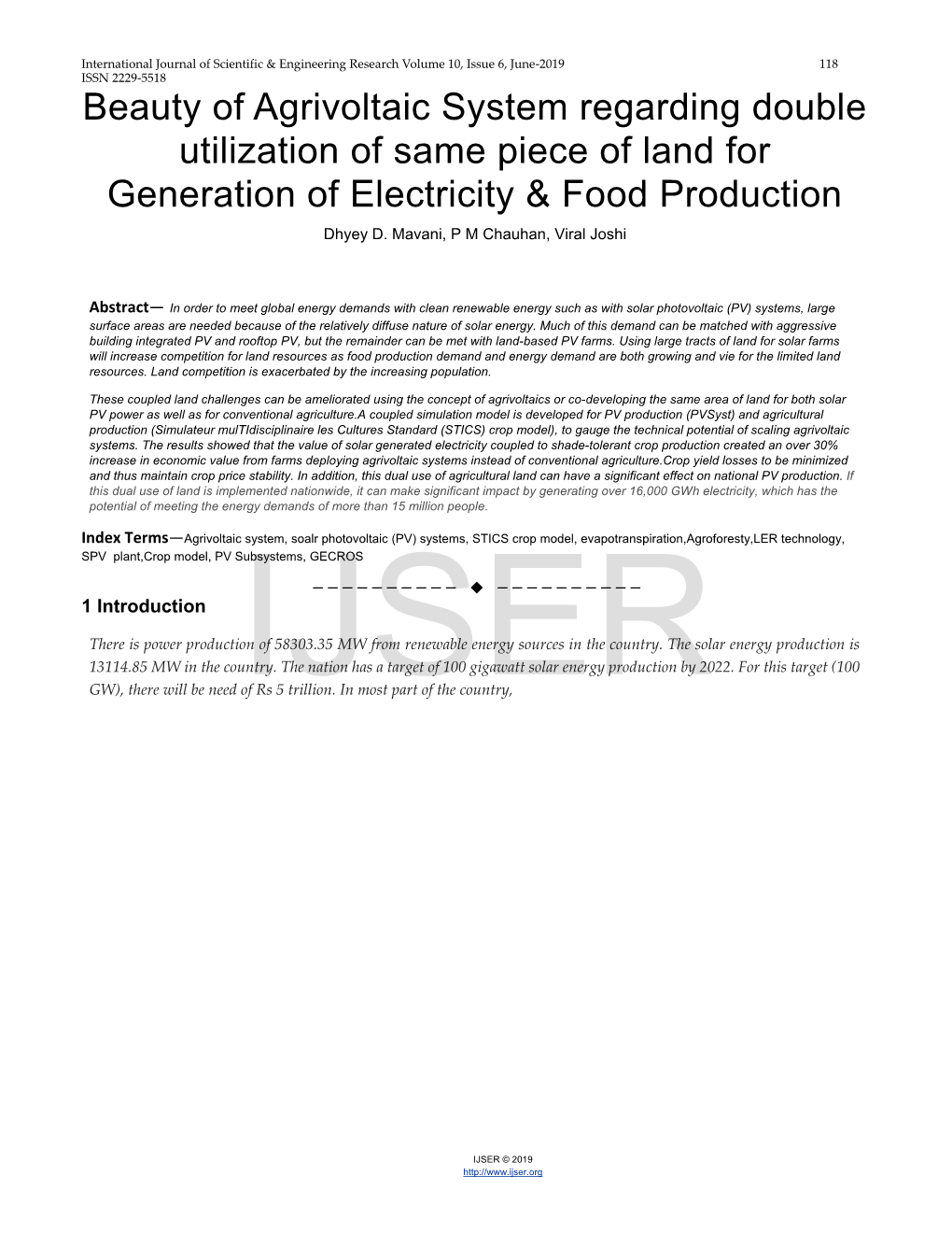 Beauty of Agrivoltaic System Regarding Double Utilization of Same Piece of Land for Generation of Electricity & Food Production Dhyey D