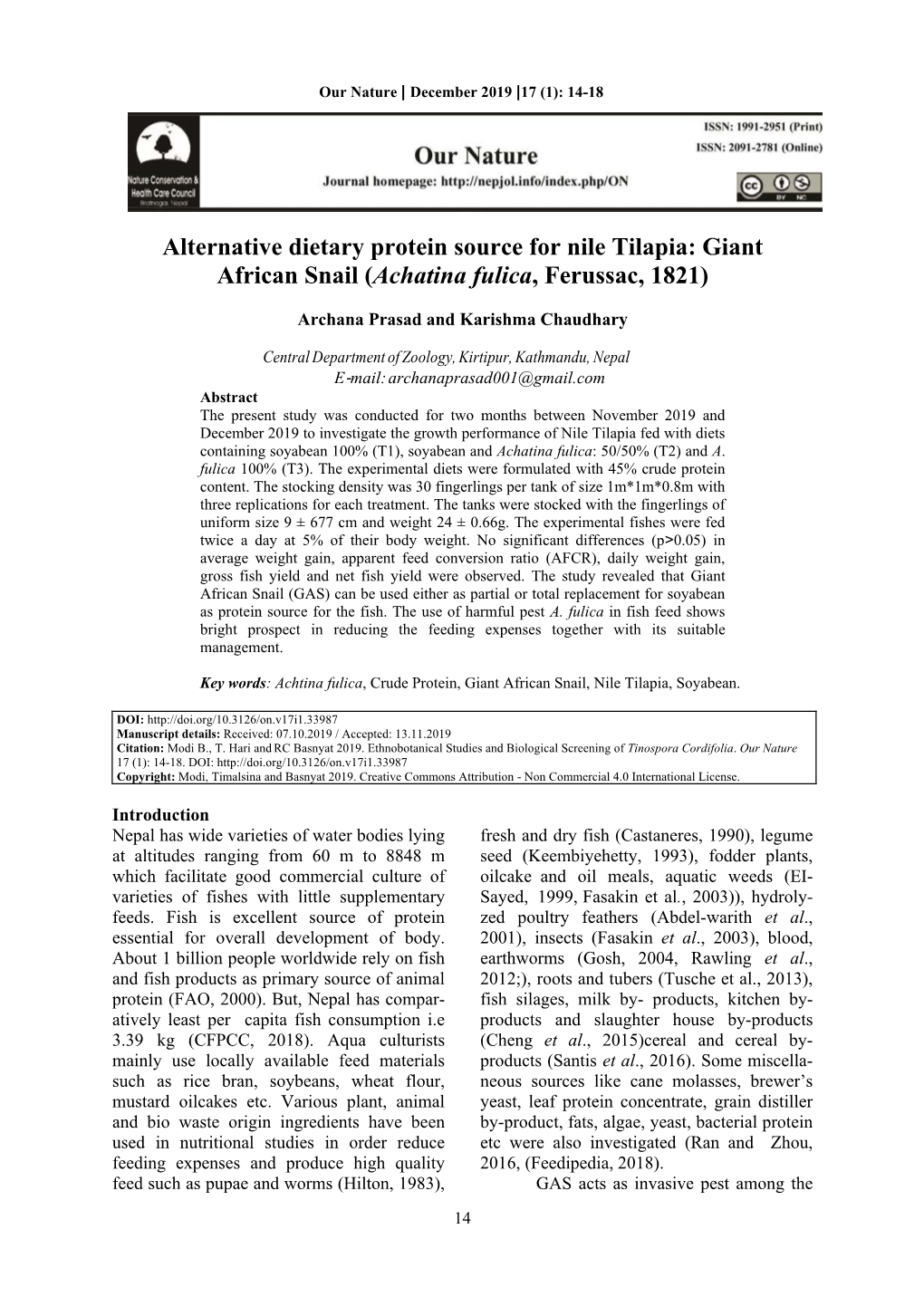 Alternative Dietary Protein Source for Nile Tilapia: Giant African Snail (Achatina Fulica, Ferussac, 1821)
