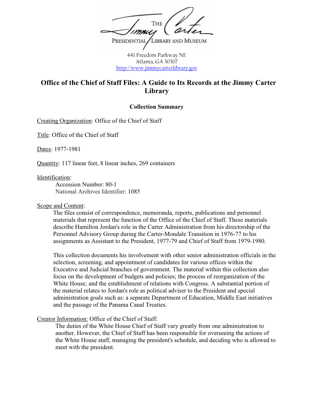 Office of the Chief of Staff Files: a Guide to Its Records at the Jimmy Carter Library