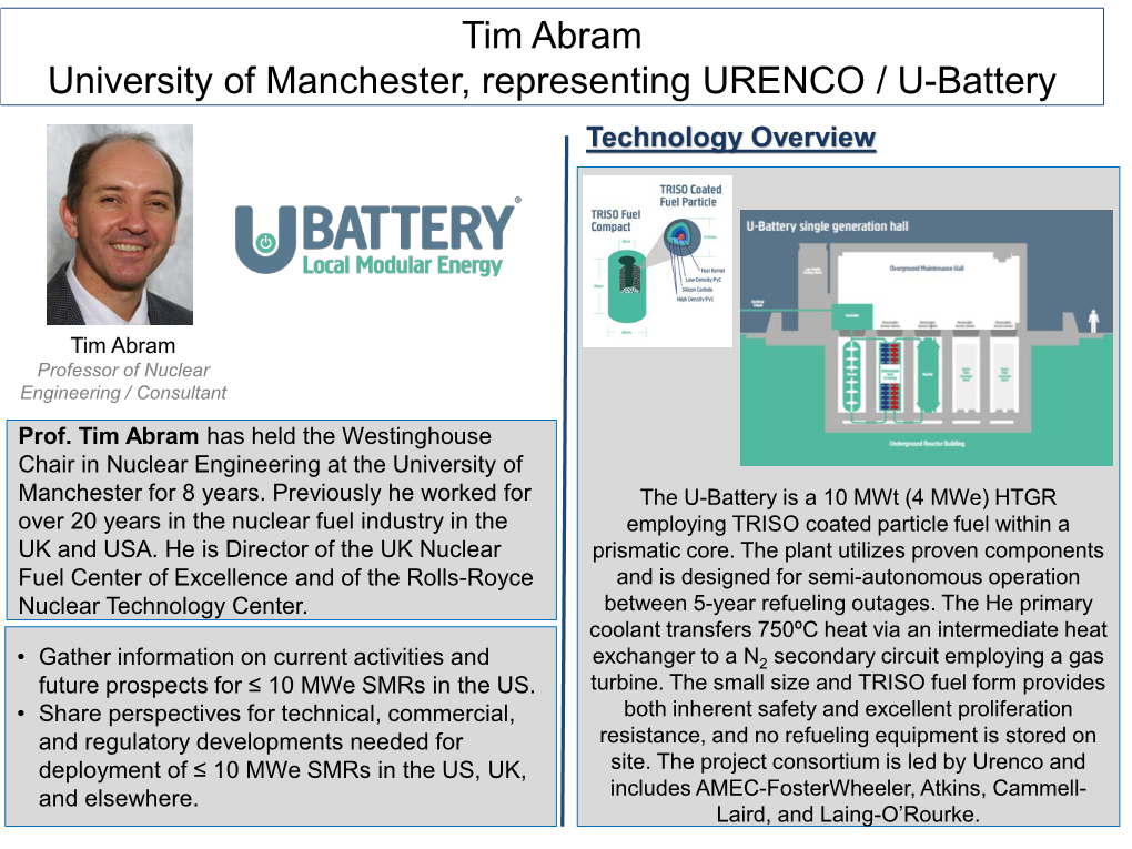Tim Abram University of Manchester, Representing URENCO / U-Battery Technology Overview