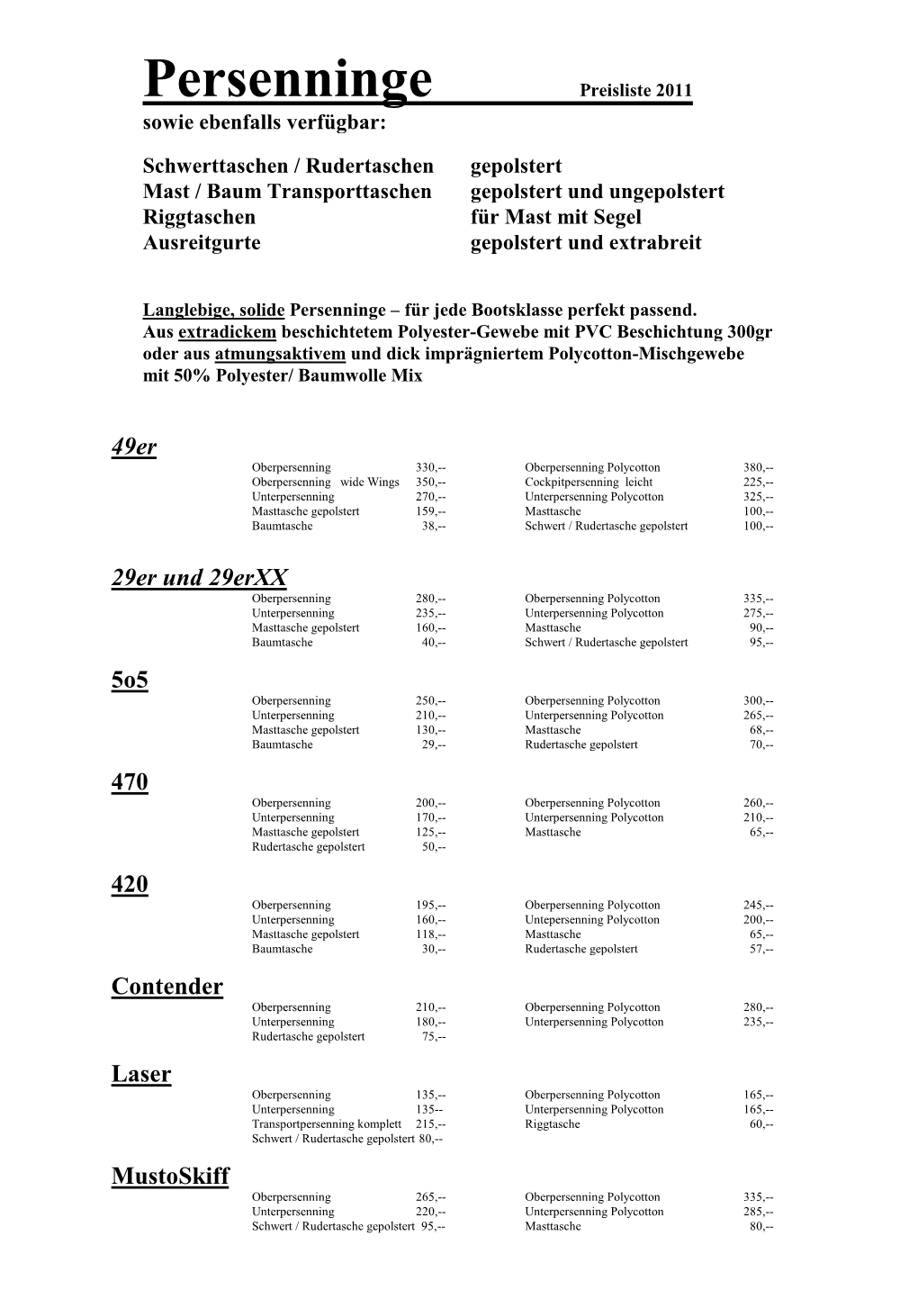 Persenninge Preisliste 2011 Sowie Ebenfalls Verfügbar