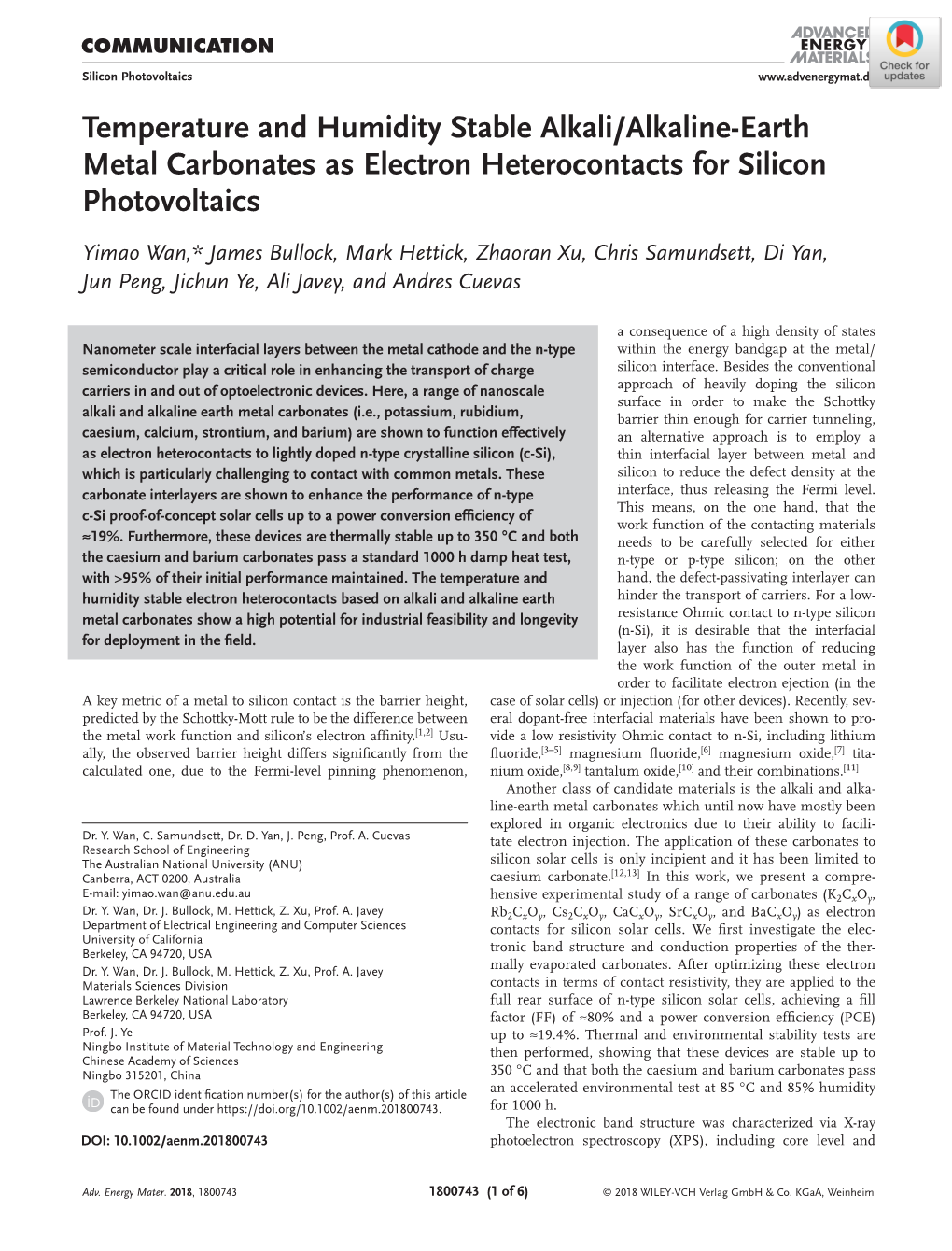 Temperature and Humidity Stable Alkali/Alkaline‐Earth Metal