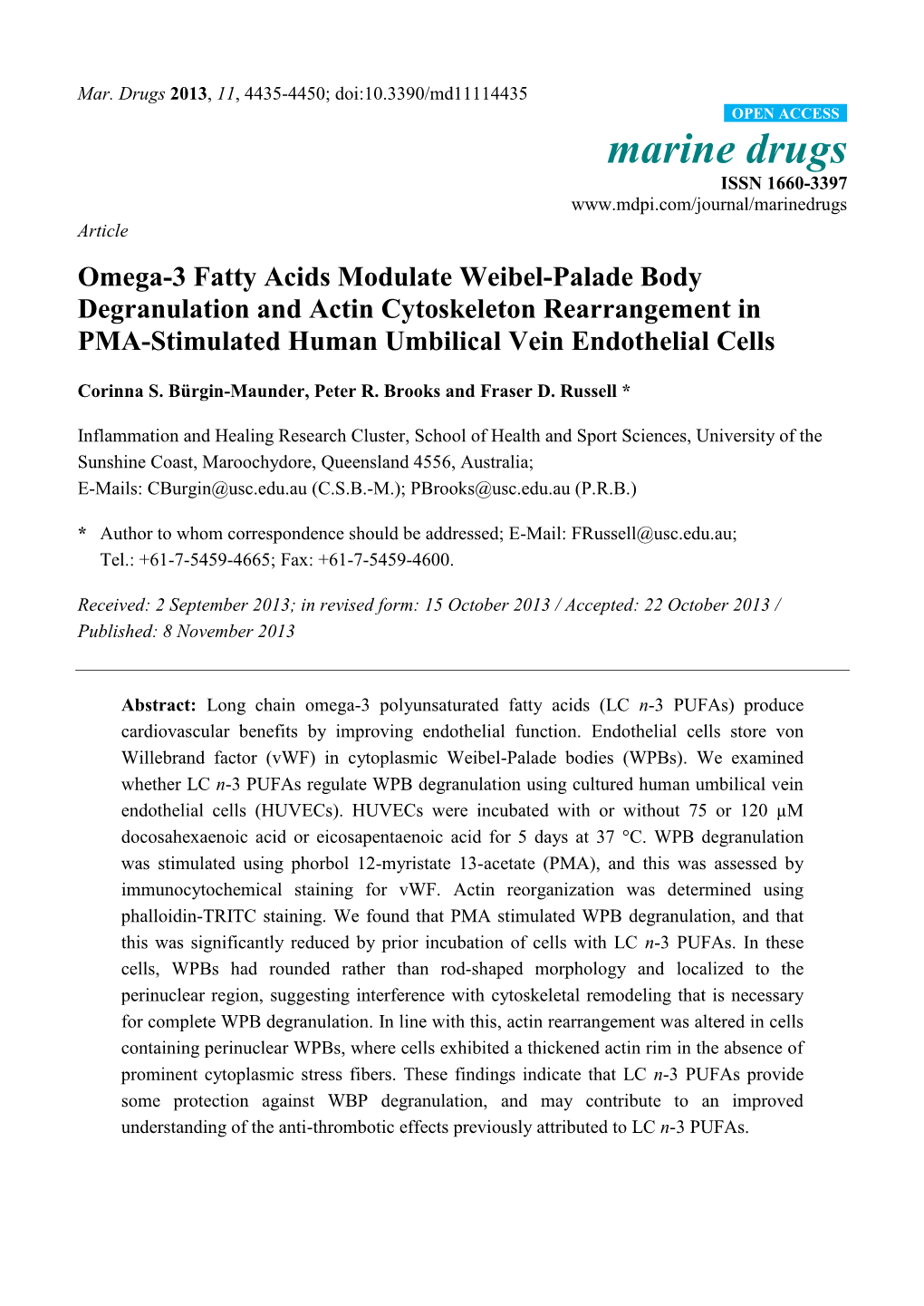 Omega-3 Fatty Acids Modulate Weibel-Palade Body Degranulation and Actin Cytoskeleton Rearrangement in PMA-Stimulated Human Umbilical Vein Endothelial Cells