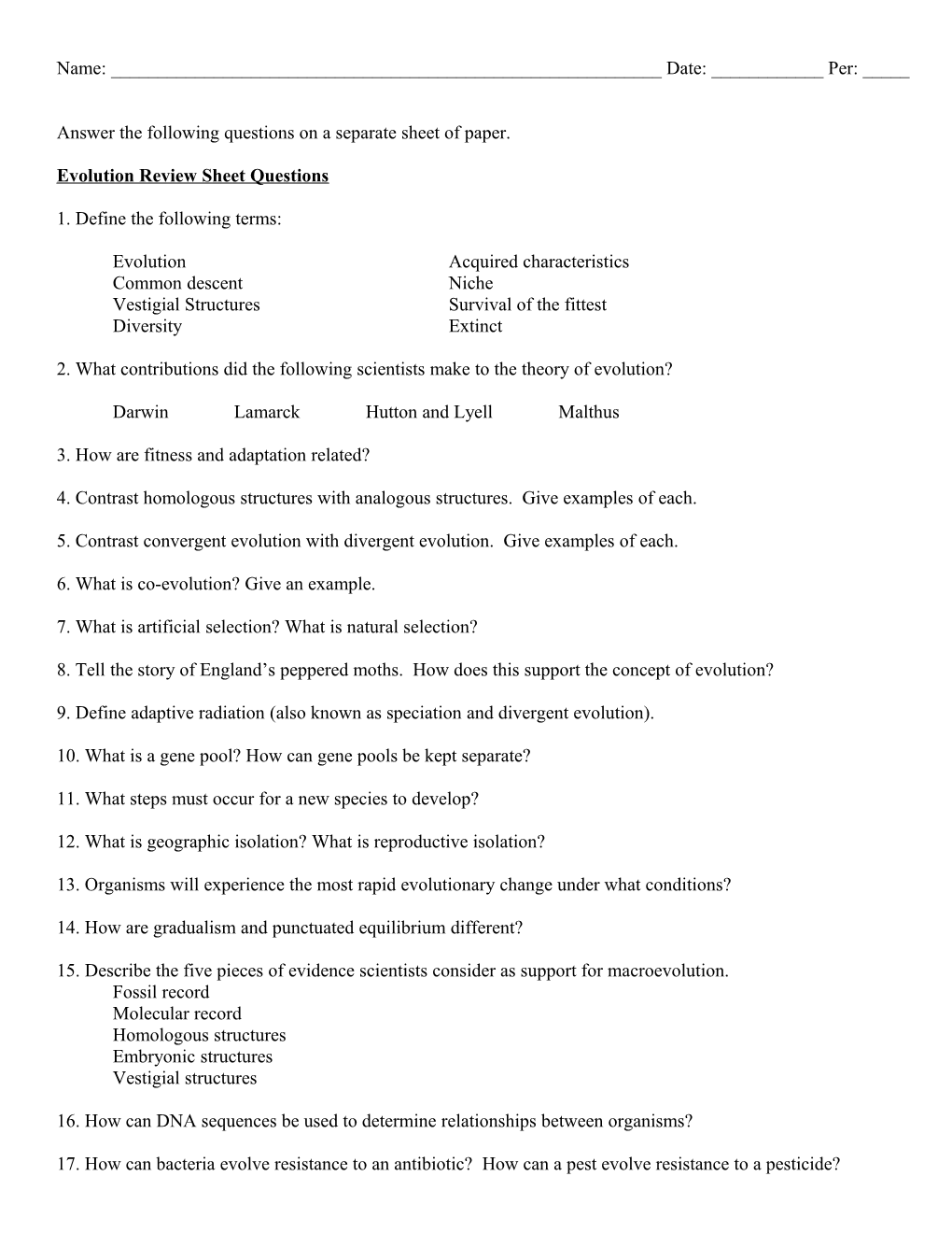 Evolution Review Sheet Questions