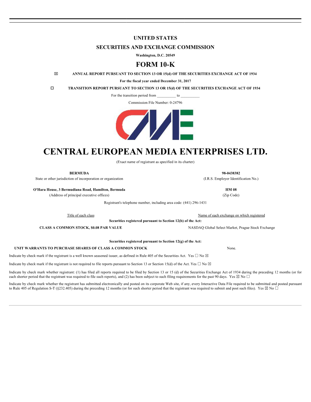 CENTRAL EUROPEAN MEDIA ENTERPRISES LTD. (Exact Name of Registrant As Specified in Its Charter)