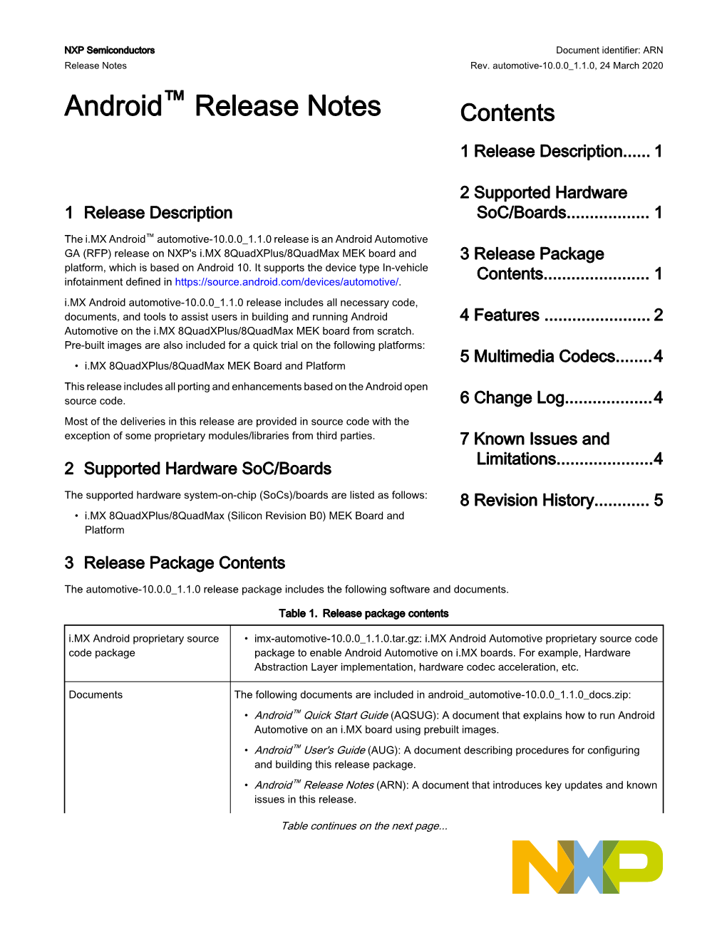 Android™ Release Notes (ARN): a Document That Introduces Key Updates and Known Issues in This Release