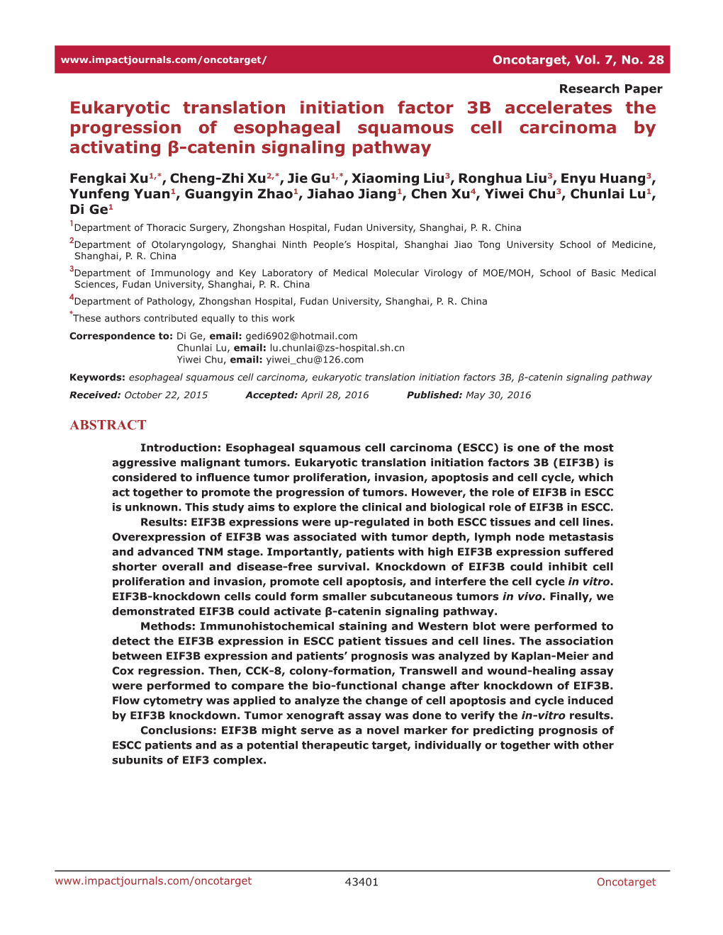 Eukaryotic Translation Initiation Factor 3B Accelerates the Progression of Esophageal Squamous Cell Carcinoma by Activating Β-Catenin Signaling Pathway