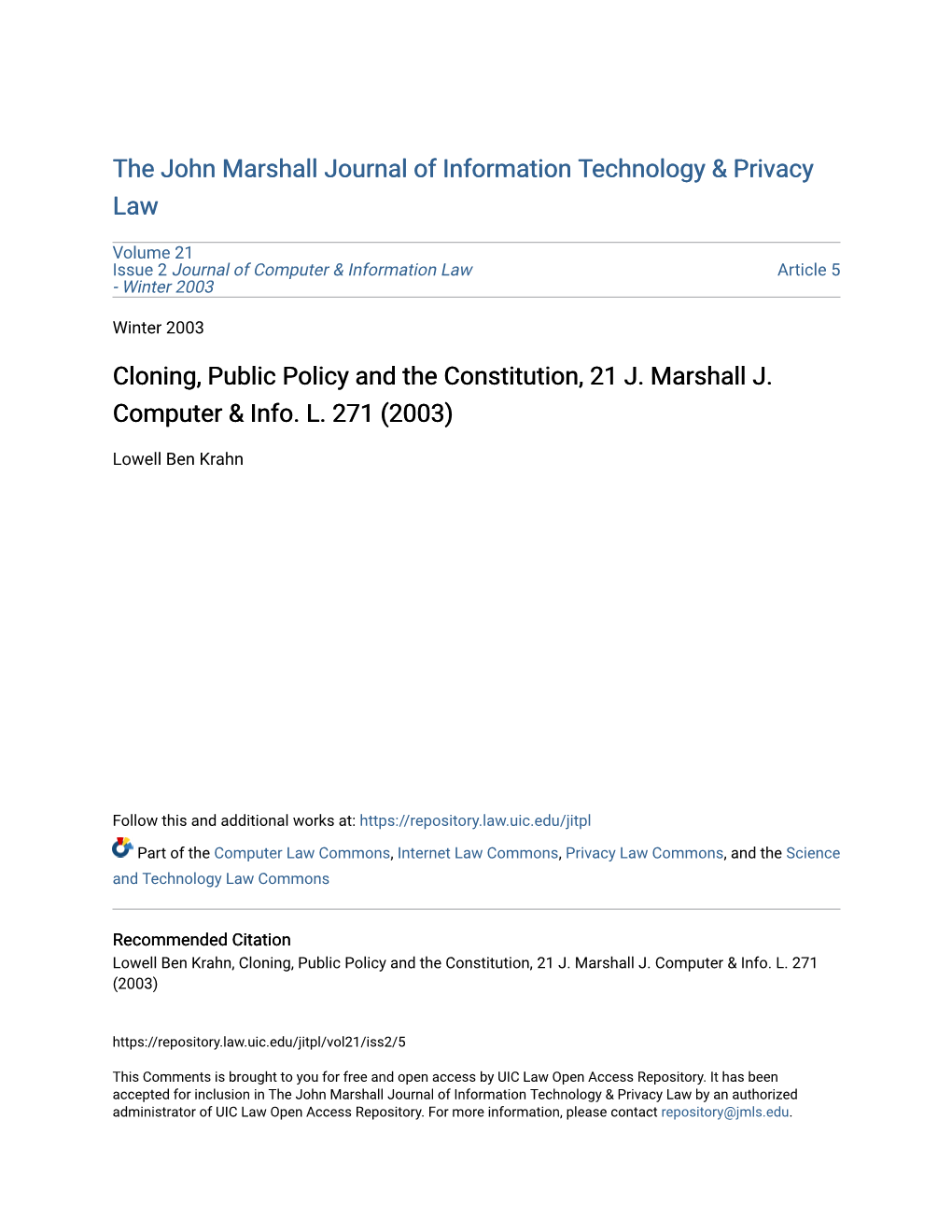 Cloning, Public Policy and the Constitution, 21 J. Marshall J