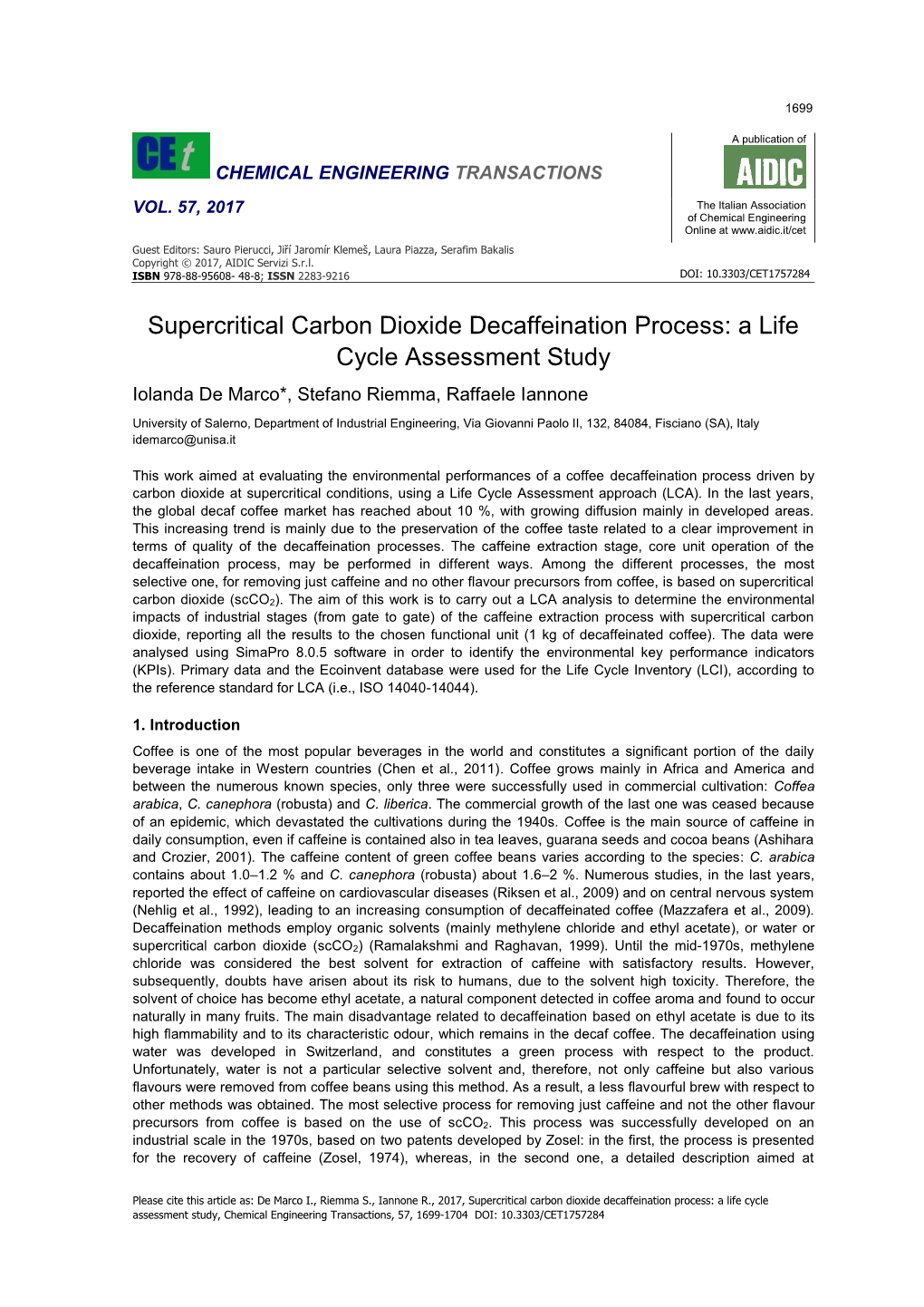 Supercritical Carbon Dioxide Decaffeination Process: a Life Cycle Assessment Study