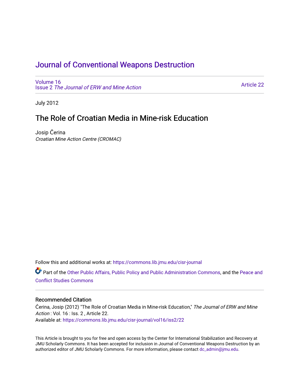 The Role of Croatian Media in Mine-Risk Education