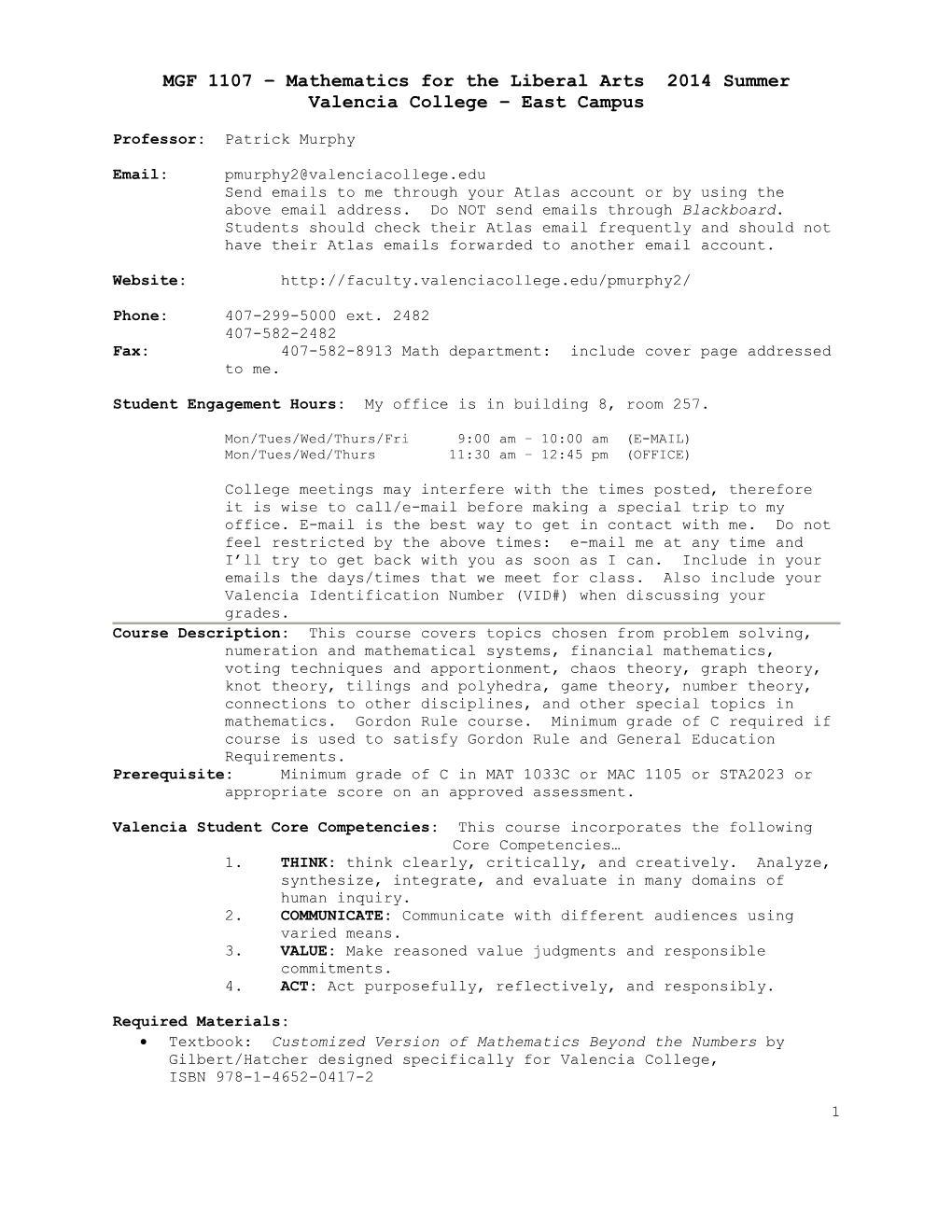 MGF 1107 Mathematics for the Liberal Arts 2014 Summer