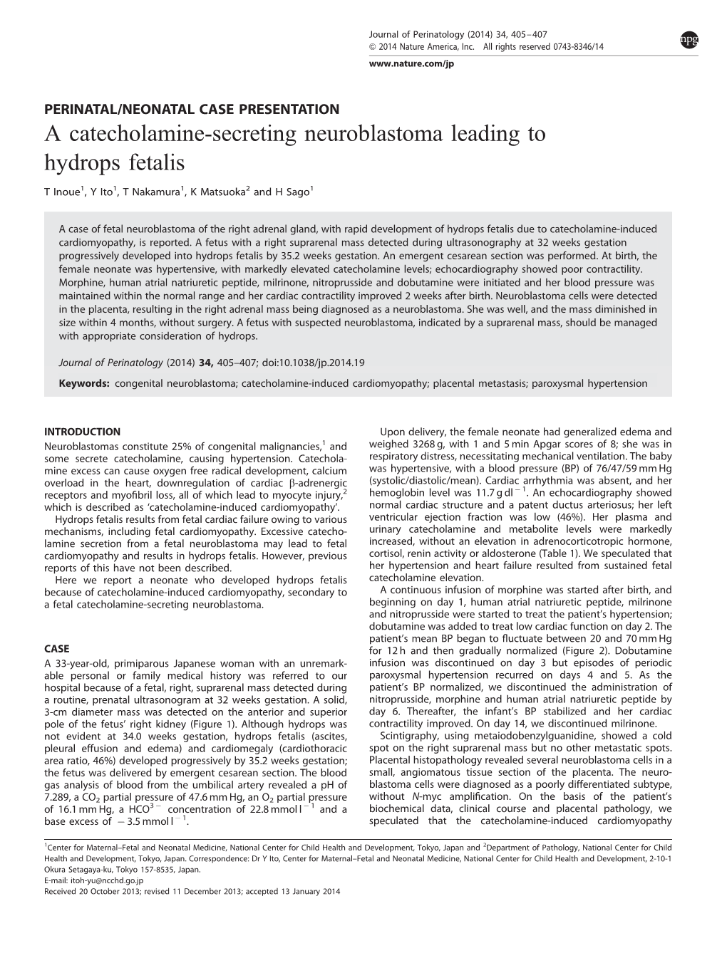 A Catecholamine-Secreting Neuroblastoma Leading to Hydrops Fetalis