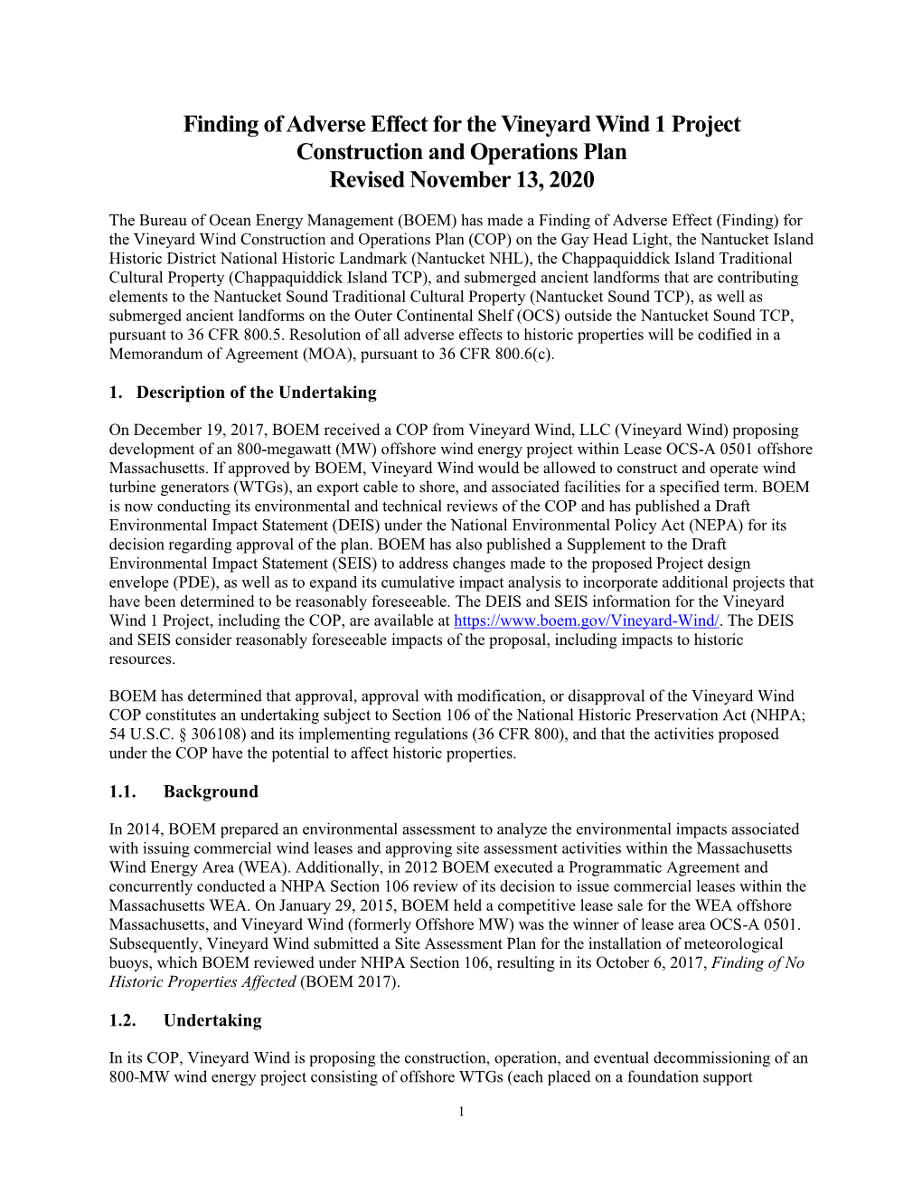 Finding of Adverse Effect for the Vineyard Wind 1 Project Construction and Operations Plan Revised November 13, 2020