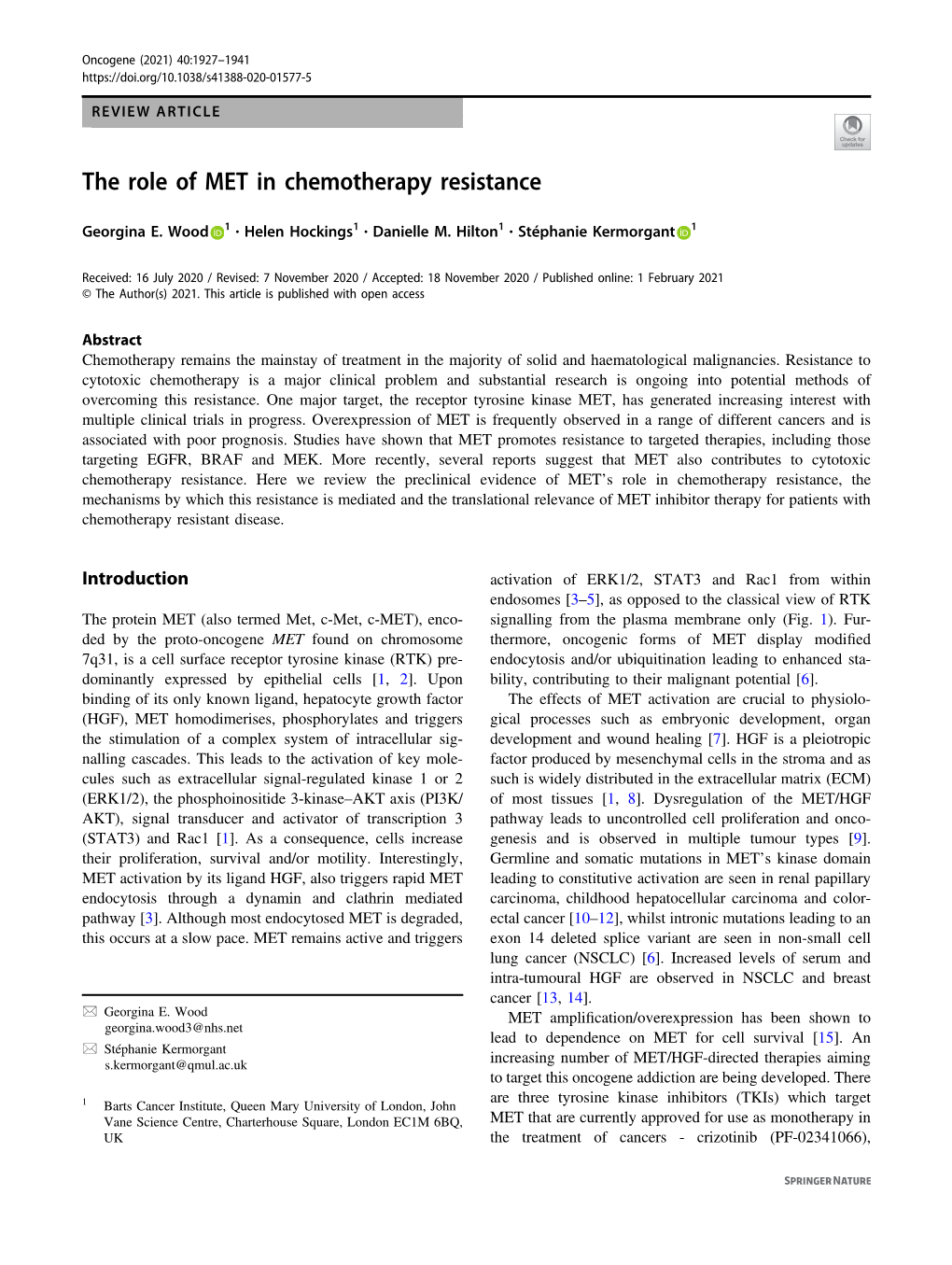 The Role of MET in Chemotherapy Resistance