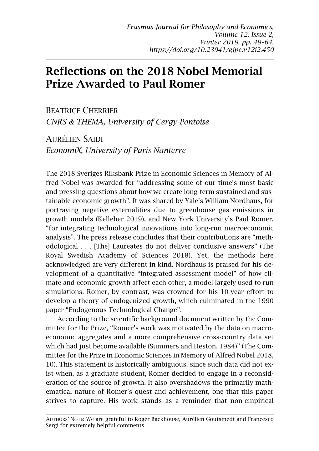 Reflections on the 2018 Nobel Memorial Prize Awarded to Paul Romer