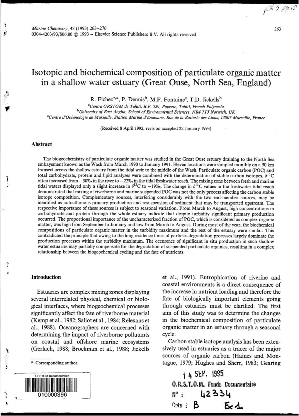 Isotopic and Biochemical Composition of Particulate Organic Matter in a Shallow Water Estuary (Great Ouse, North Sea, England)