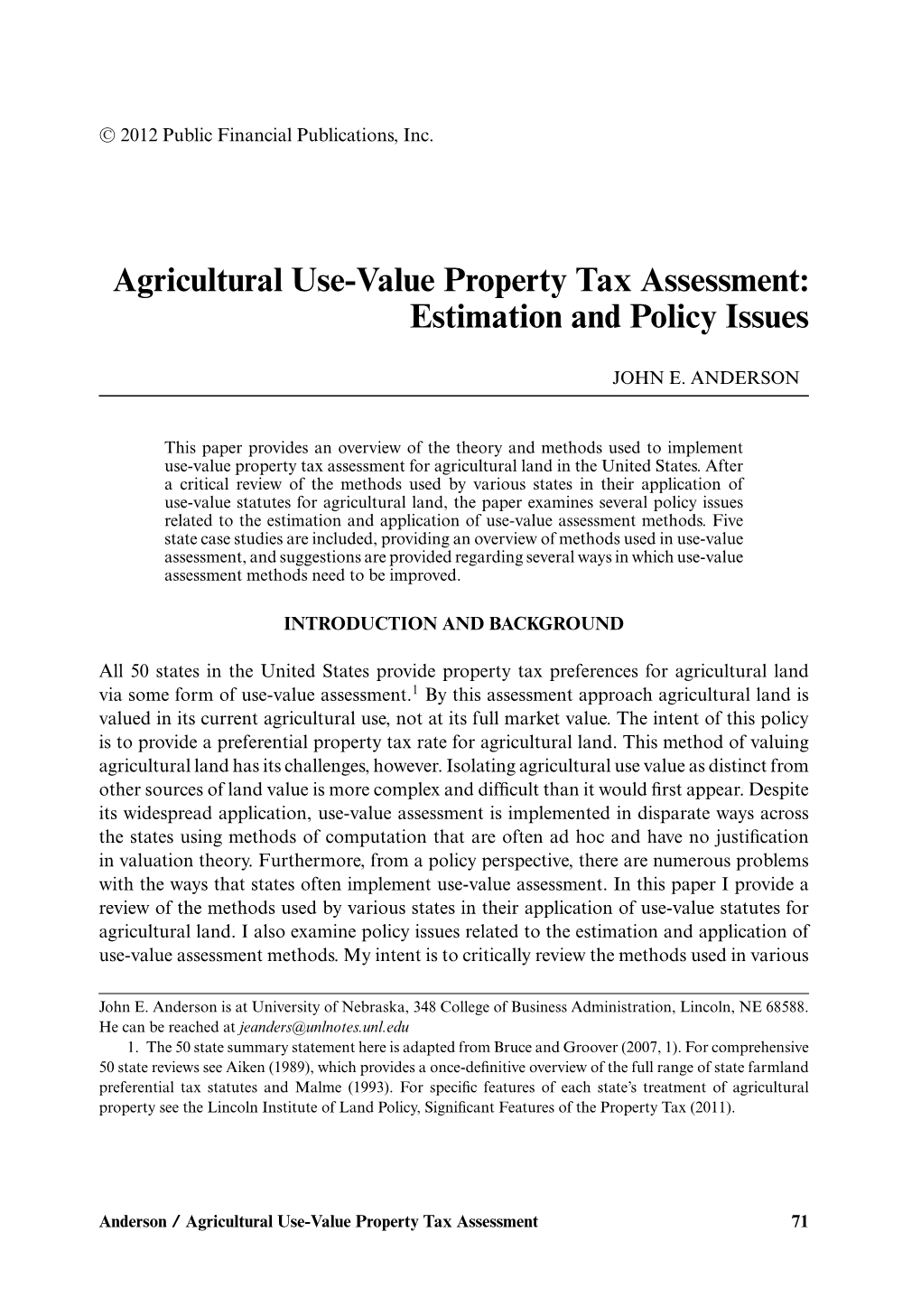 Agricultural Use-Value Property Tax Assessment: Estimation and Policy Issues