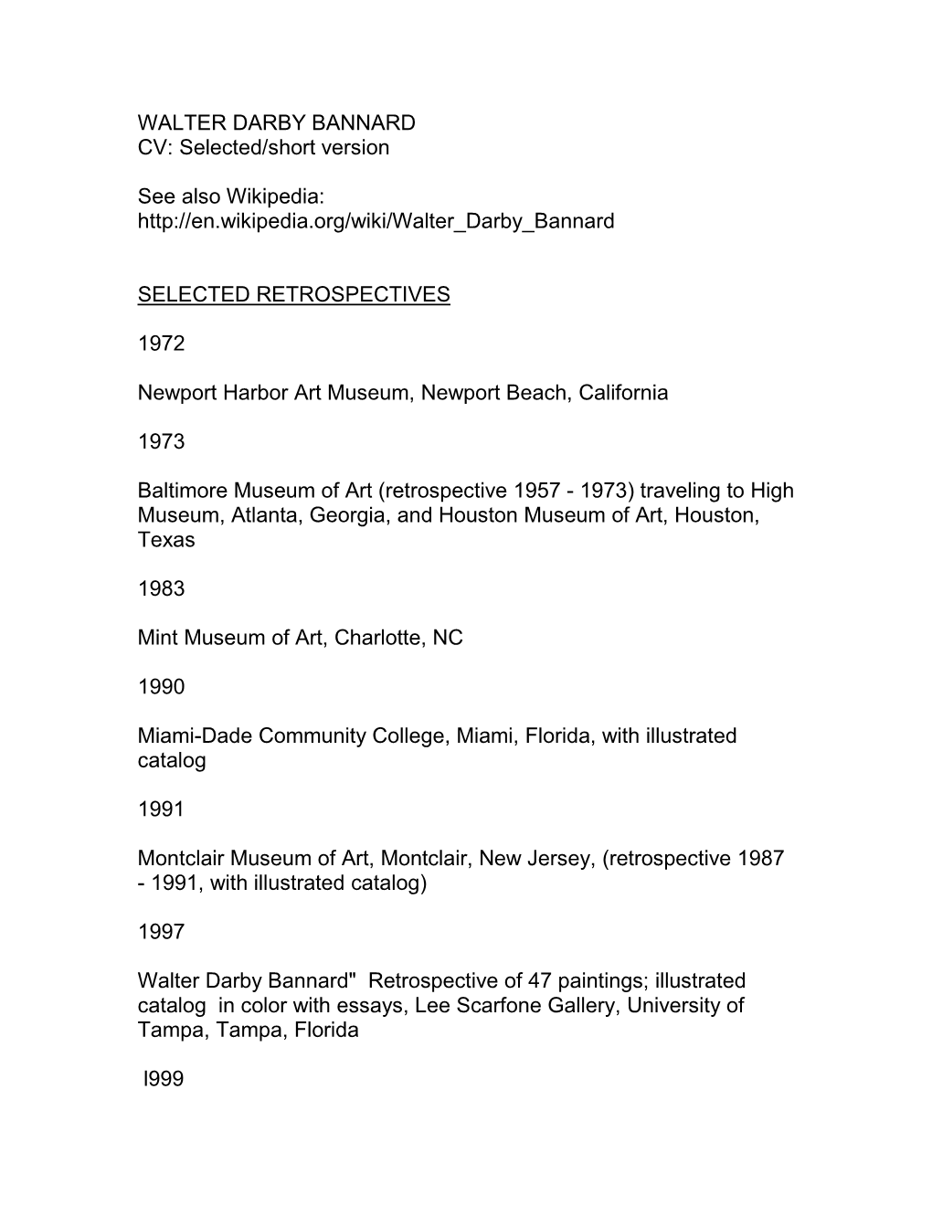 DARBY BANNARD CV: Selected/Short Version