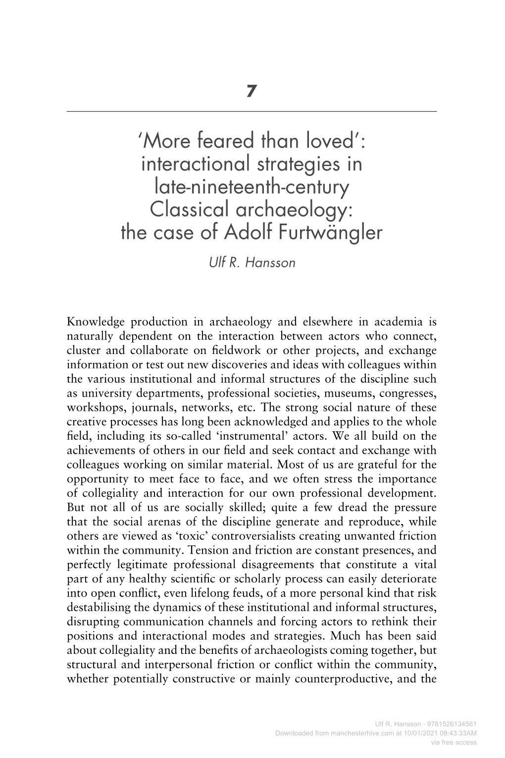 Interactional Strategies in Late-Nineteenth-Century Classical Archaeology: the Case of Adolf Furtwängler Ulf R