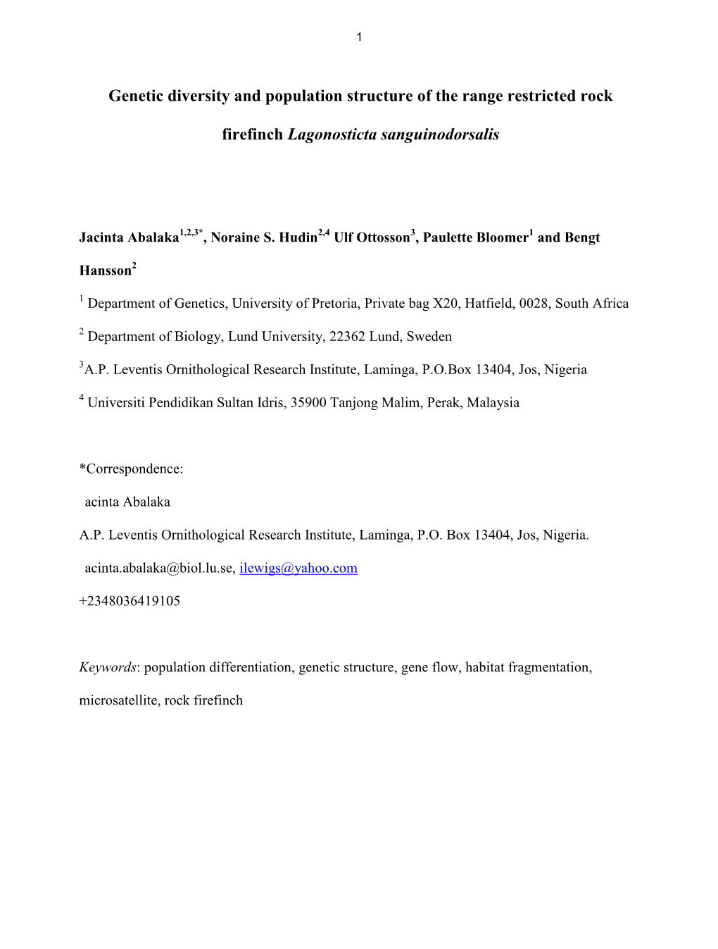 Genetic Diversity of Four Rock Firefinch (Lagonosticta Sanguinodorsalis) Subpopulations on the Jos Plateau, Central Nigeria