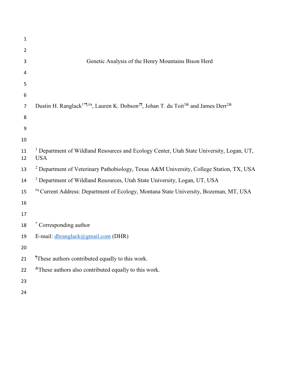 Genetic Analysis of the Henry Mountains Bison Herd Dustin H