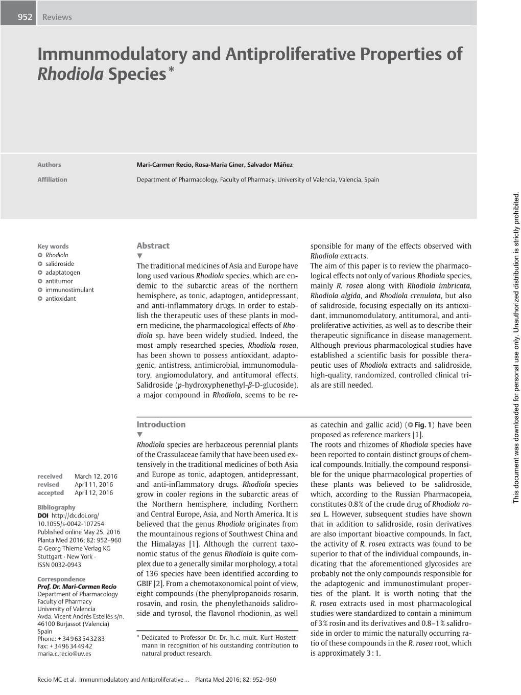 Immunmodulatory and Antiproliferative Properties of Rhodiola Species*